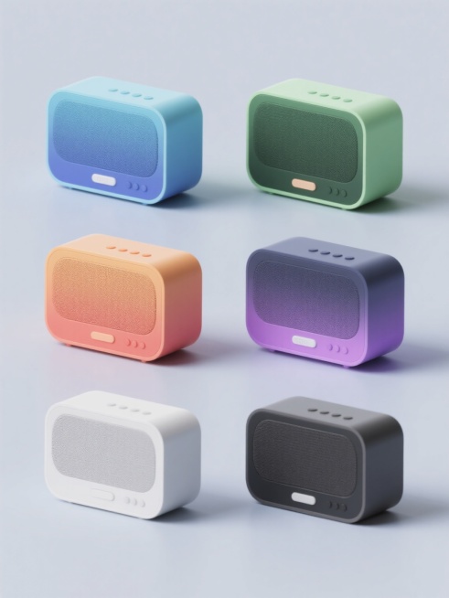 六个不同颜色、不同款式的3D音响，采用简约现代造型，保持原有的3D质感渐变效果，整体呈规整排布，纯色背景，无任何文字、logo和水印。预览效果