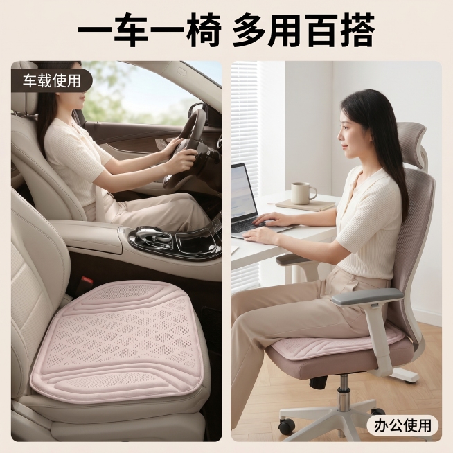 [主图 4] 多场景适用展示图。
[氛围风格] 生活实用风，代入感强
[画质] 商业摄影质感、光线柔和通透、产品清晰真实、画面干净高级
[元素] 宫格展示乳胶坐垫不同使用场景：左上驾驶位使用，右下办公预览效果