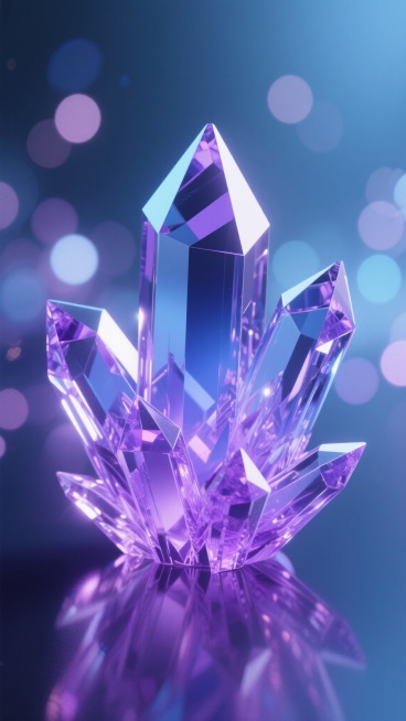 3D渲染风格的紫色与蓝色渐变水晶簇，具有锐利的多面体结构和清晰的内部纹理，表面呈现出高光泽度和细腻的反光效果，背景为梦幻的光斑散景，整体光影对比强烈，高光区域明亮耀眼，阴影部分深邃神秘，营造出科技感与未来感并存的氛围，构图采用中心聚焦式，突出水晶的立体感和透明质感，无任何文字和水印。预览效果