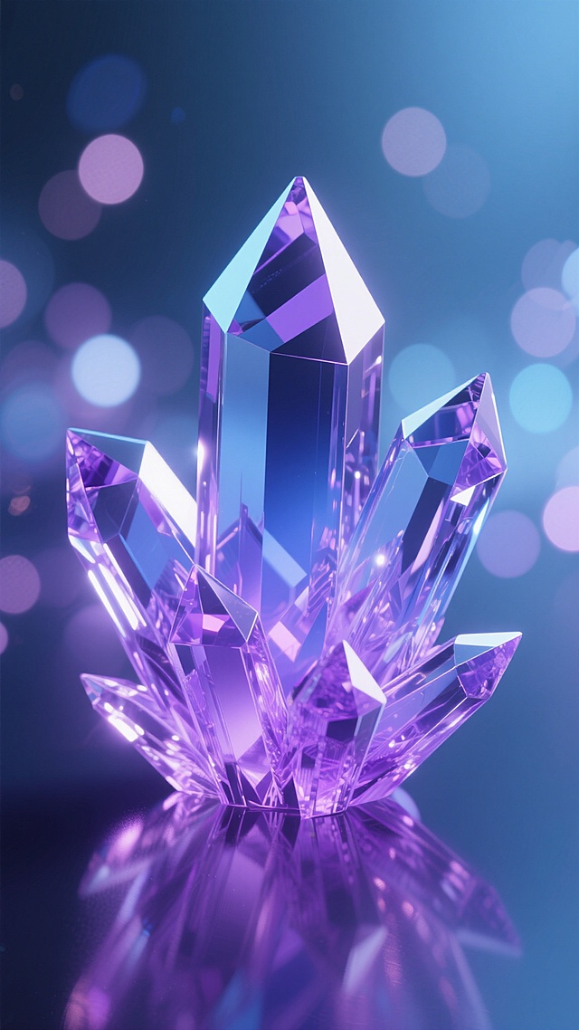 3D渲染风格的紫色与蓝色渐变水晶簇，具有锐利的多面体结构和清晰的内部纹理，表面呈现出高光泽度和细腻的反光效果，背景为梦幻的光斑散景，整体光影对比强烈，高光区域明亮耀眼，阴影部分深邃神秘，营造出科技感与未来感并存的氛围，构图采用中心聚焦式，突出水晶的立体感和透明质感，无任何文字和水印。