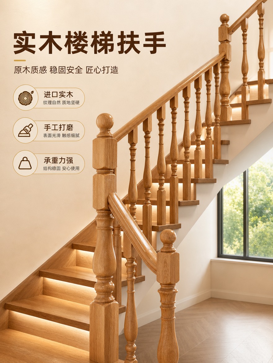 [商品] 使用【图1】原木色实木楼梯扶手；保留花瓶柱造型小柱、… - 图片创意预览