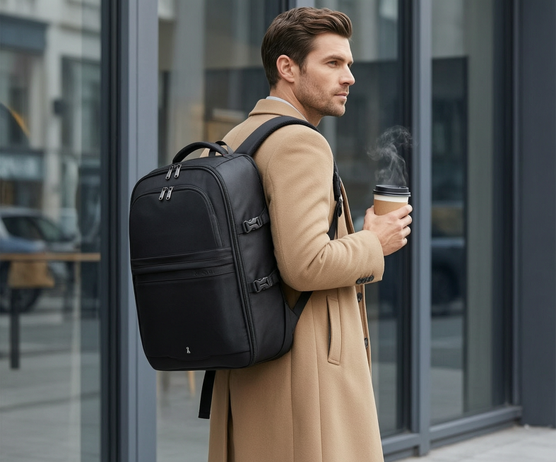 商业电商摄影，欧美男模特侧身背对镜头，肩背着一款主体大型大容量黑色商务双肩包，模特穿着卡其色长款毛呢大衣，右手拿着一杯带蒸汽的外带咖啡，站在玻璃橱窗旁的户外街道场景，整体风格简约干练都市商务风，自然柔预览效果