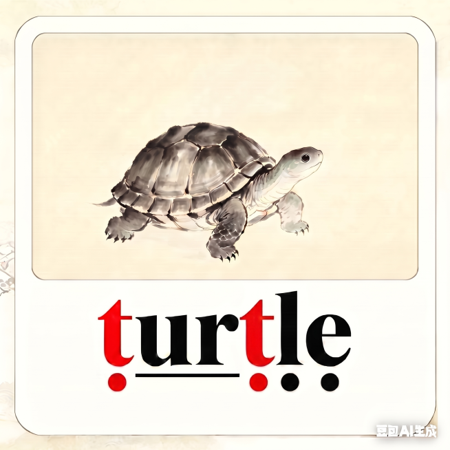 修改：1、将单词turtle中第四个位置的字母t颜色改为红色；2、将两个字母t下方原本黑色的圆点颜色修改为红色，保持ur下方黑色横线不变，保持l、e下方圆点为黑色，保留上方水墨乌龟图案和整体布局不变预览效果