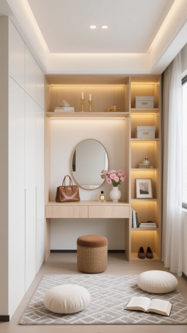 现代简约风格卧室衣帽间，整体以米白色和浅木色为主色调，顶部嵌入式筒灯提供均匀柔和的主光源，局部壁龛和开放格采用暖黄色灯带营造温馨氛围。左侧为顶天立地的白色平板柜门衣柜，中间区域下方是浅木色梳妆台，台上摆放椭圆形装饰镜、棕色皮质手提包、香水瓶和插有粉色花朵的花瓶，上方壁龛内置金色烛台等装饰品。右侧为多层开放格置物架，内置收纳盒、装饰画和书籍，底部放置带编织纹理的棕色圆形换鞋凳。地面铺设浅灰色几何……预览效果