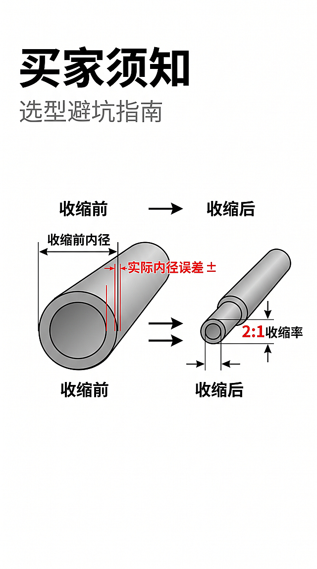 白底，主文案"买家须知"居左放大加粗，副文案"选型避坑指南"在主文案下方，小字浅色，有清晰示意图，标注收缩前内径、实际内径误差、2:1收缩率，关键参数标红。高清 8K，文字锐利，示意图清晰，对比分明，无模糊
