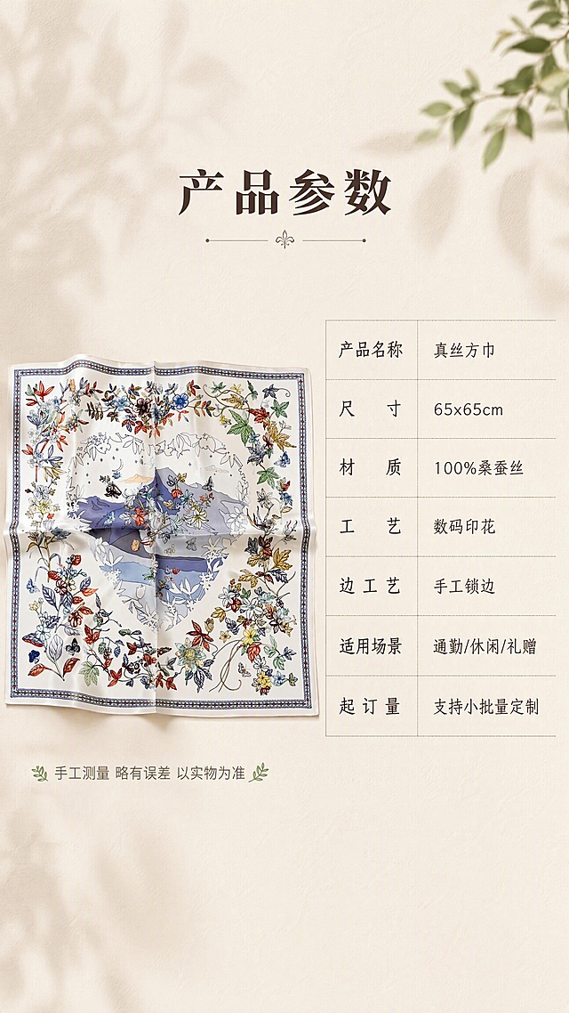 [第11张] 产品规格参数 - 真丝方巾尺寸材质信息。本张使用【图5】作为产品平铺参考。
[氛围/风格] 简洁专业参数页，暖米杏色调，信息清晰易读。
[元素布局] 画面左侧为方巾折叠平铺展示图，展示方巾整体形态和印花图案；右侧为规格参数表，清晰列出各项参数；背景为暖米色细腻肌理，底部有轻微投影增加层次感。
[光影质感] 正上方均匀柔光，方巾有自然立体感，整体明亮清晰。
[配色色系] 全局底色 #F5EFE6（暖米杏色）；主色米白方巾+深棕文字；辅助色浅灰表格线+植物绿点缀。
[视角构图] 左图右表的左右分栏布局，正面平视，阅读动线从左到右。
[文字版式] 顶部主标题「产品参数」，粗宋体；右侧参数表采用简约线条表格，包含：产品名称「真丝方巾」、尺寸「65x65cm」、材质「100%桑蚕丝」、工艺「数码印花」、边工艺「手工锁边」、适用场景「通勤/休闲/礼赠」、起订量「支持小批量定制」；表格每行有细横线分隔，左列参数名右列参数值；左下角小字「手工测量 略有误差 以实物为准」。
[比例分辨率] 9:16 竖版比例，4K 分辨率，文字清晰可辨。
[负向提示词] 方巾变形，表格错乱，文字模糊，水印，颜色偏差，参数错误。