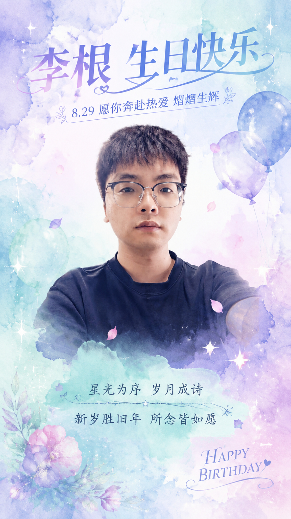 基于这张人物照片制作一张生日祝福海报，人物保留原图面部特征且面… - 图片创意预览