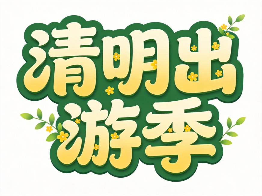 干净的纯白色背景。平面艺术字体设计，四个字“清明出游季”，所有文字单行横向排列，圆润饱满字体，笔画带有柔和卷曲线条变形。奶黄渐变填充字体主体，深绿色多层描边立体效果，装饰黄色小花和绿色枝叶点缀在笔画缝预览效果