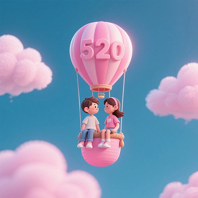 一对情侣在热气球上对视，热气球在天空中漂浮着，极简主义，梦幻，童话，Q版，3D立体感渲染，粉红色云朵，“520"数字