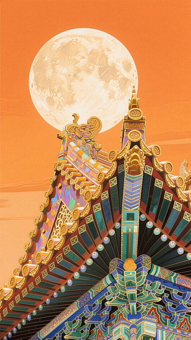 中式古典建筑屋檐与满月相映，鎏金浮雕细节华丽，插画风呈现国潮梦幻美感，尽显奢华与唯美的节日氛围。