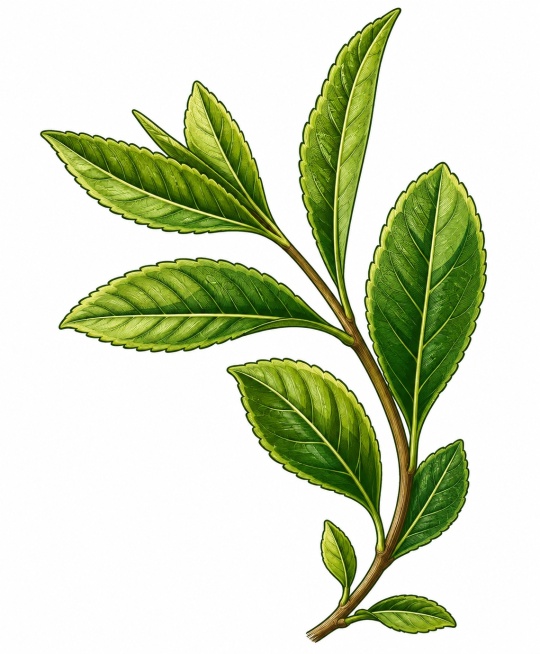 增加画面细节，将背景替换为纯白色，保留茶树枝条的复古插画风格和形态不变，枝干微弯叶片朝上的形态保持不变预览效果