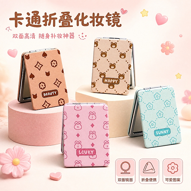 [主图-1] 卡通折叠双面随身化妆镜首图，建立产品识别与少女心购买欲。
[统一基调] 淘宝/天猫风格，清新甜美少女心，浅粉米色渐变背景，主标题字色为暖棕色，辅助字色为浅粉色，强调色为蜜桃粉，字体为圆润可爱无衬线体，字号层级分明，卡片用圆角柔边样式，整体干净通透有品质感。
[画面] 画面中央展示四款折叠化妆镜（奶茶棕老花款、浅卡其小熊款、樱花粉兔子款、薄荷蓝小花款），呈错落有致的阶梯式摆放，正面朝向观众，产品占画面约65%。背景为柔和的浅粉米色渐变，点缀少量漂浮的小爱心、星星和小花装饰元素，营造甜美可爱氛围。左上角放置主标题，右下角放置三个小图标卖点。产品外观、颜色、图案、皮革纹理与输入图完全一致，镜面边缘金属包边清晰可见，开合结构自然。
[光影质感] 商业摄影质感，柔和自然光从左上方照射，产品底部有自然接触阴影，皮革表面有细腻纹理和微弱反光，金属包边有高光点缀，整体立体通透，无塑料感。
[配色] 背景主色为浅粉米色渐变，标题字暖棕色，辅助文字浅粉色，强调色蜜桃粉，产品保持原有四色外观。
[文字版式] 左上角主标题："卡通折叠化妆镜"，字体圆润可爱，字号最大。副标题："双面高清 随身补妆神器"，字号缩小50%以上。右下角三个圆角小图标分别标注："双面镜面""折叠便携""可爱图案"，图标下方配短文字说明。文字不遮挡产品主体，放在负空间。
[输出要求] 1:1正方形比例，2048*2048像素，文字清晰可读，产品清晰锐利，无变形、错字、模糊、杂乱、水印、平台Logo。禁止出现极限词、违禁词。
