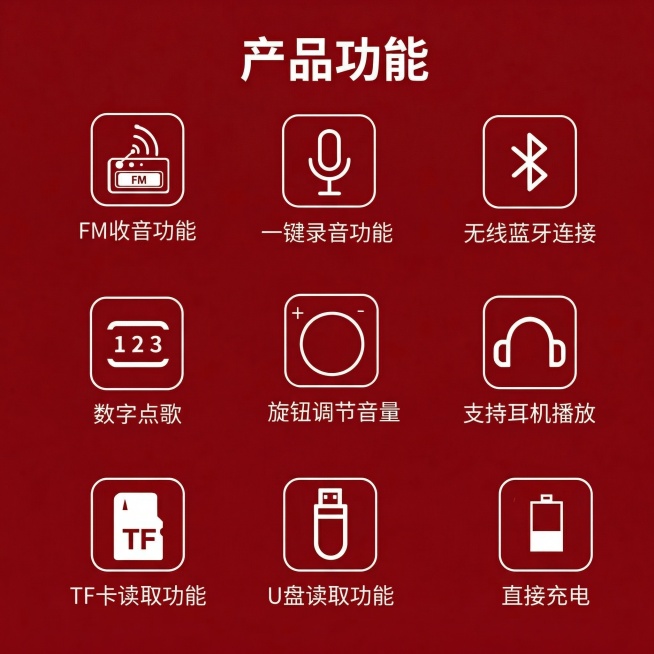 生成第五张商品详情模块图，展示清晰的产品功能九宫格，修正所有图标和文字错误，保持红色背景风格，文字清晰易读，1440*1440正方形预览效果