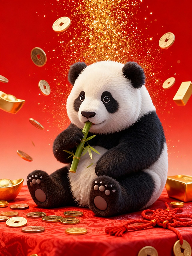 3D风格熊猫萌趣啃竹，鎏金粒子洒落，金币金条环绕，红底喜庆，重拟物质感，卡通可爱，春节氛围浓厚。
