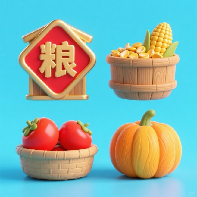4个中秋素材组合，可爱电商促销感。素材包括：第一个粮仓（贴着带有 “粮” 字的红色菱形福字）；第二个一筐玉米；第三个一筐柿子；第四个南瓜。画面整体呈现鲜艳效果，淡蓝色背景。上下两行，排列整齐预览效果