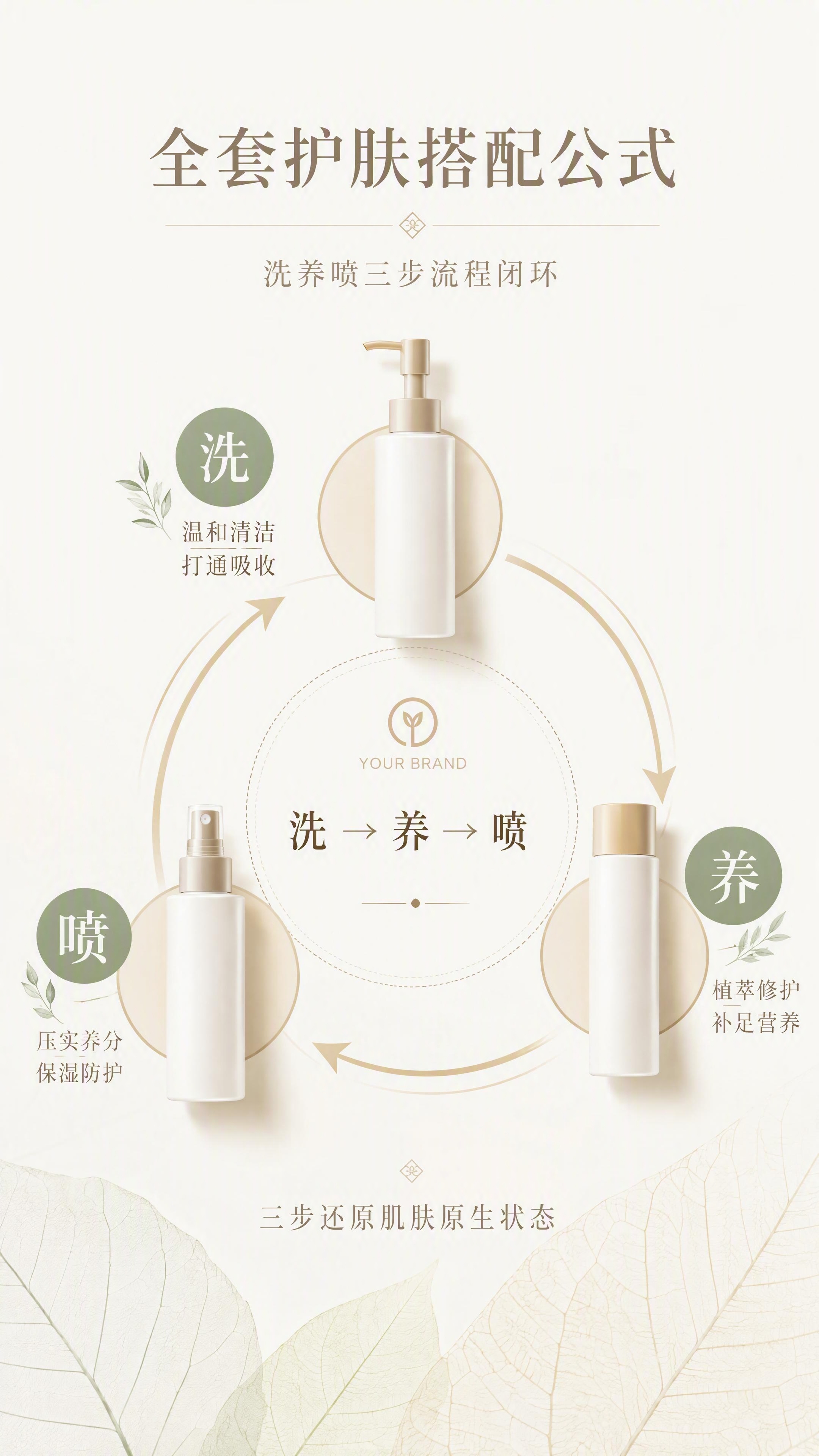 [第7张] 全套护肤搭配公式页。洗养喷三步流程闭环。 [氛围/… - 图片创意预览