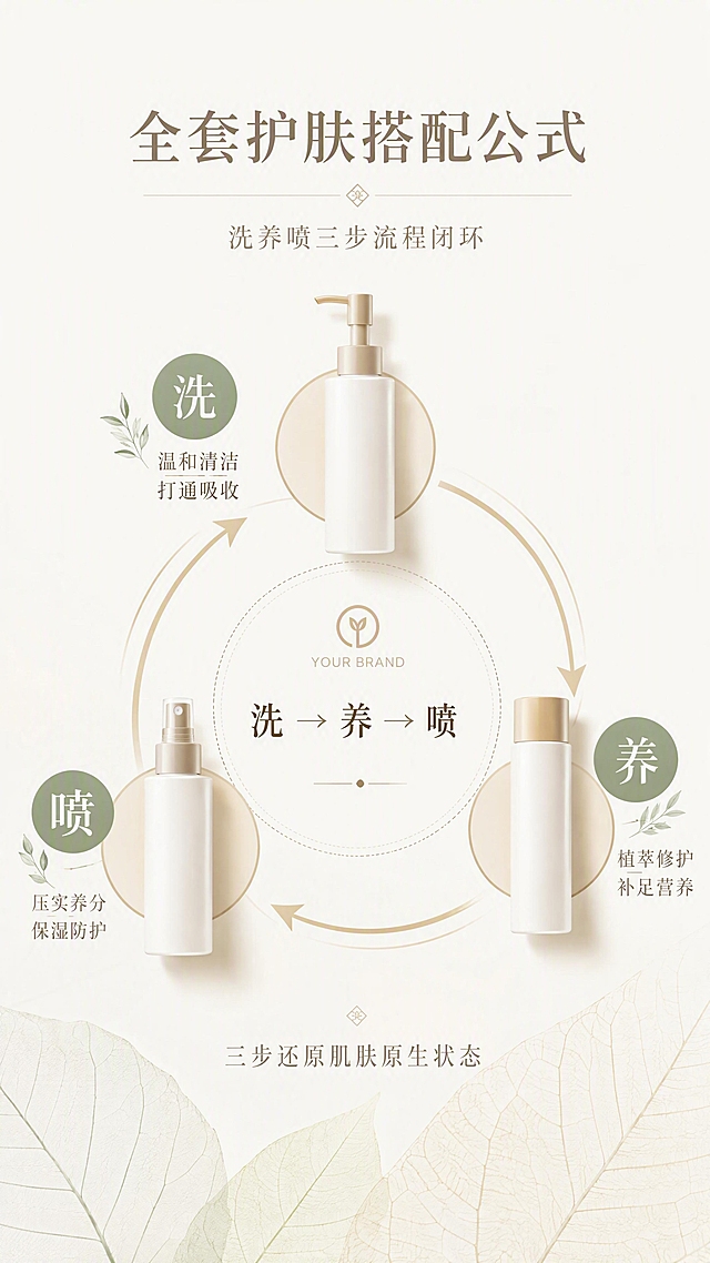 [第7张] 全套护肤搭配公式页。洗养喷三步流程闭环。
[氛围/风格] 极简高级，流程清晰，现代东方美学，禅意简约。
[元素布局] 画面中央为一个圆形闭环流程图，三个产品瓶身（预留位置）均匀分布在圆环上，分别对应洗、养、喷；圆环中心有品牌logo或核心slogan；产品之间用流动的曲线箭头连接，形成闭环；背景为极简的米白色，底部有淡淡的植物叶脉纹理；整体画面平衡和谐。
[光影质感] 均匀柔和顶光，产品有自然高光，整体明亮干净。
[配色色系] 全局底色 #F9F7F3 米白；主色 大地棕 #B8A088；辅助色 鼠尾草绿 #9CAF88；点缀色 浅金 #D4C5A9。
[视角构图] 居中圆形构图，三位一体，视觉平衡。
[文字版式] 顶部标题「全套护肤搭配公式」；圆环三步标注：「洗·温和清洁 打通吸收」「养·植萃修护 补足营养」「喷·压实养分 保湿防护」；中心文字「洗 → 养 → 喷」；底部小字「三步还原肌肤原生状态」；字体简洁优雅，信息层级分明。
[比例分辨率] 9:16 竖版比例，4K分辨率，文字清晰可辨。
[负向提示词] 变形，水印，文字错乱，文字过小，背景杂乱，产品模糊。