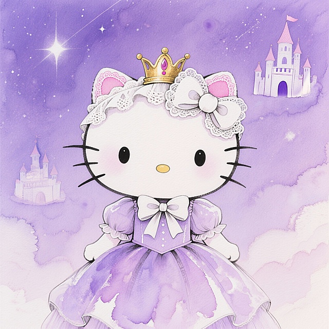 Q版Hello Kitty头像，1:1正方形，白色蕾丝蝴蝶结+迷你金色皇冠，耳朵边缘镶粉色蕾丝，穿着蓬蓬的浅紫色公主裙，背景是淡紫色星空+漂浮的小城堡，梦幻水彩质感，色彩柔和通透，治愈童话氛围，8K高清，无水印，适合喜欢梦幻风的女生