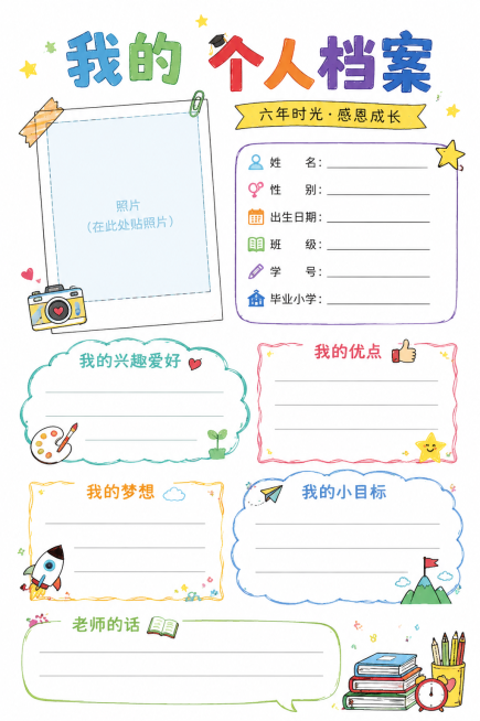 小学六年级毕业纪念册个人档案页，参考图片风格，白底手绘风，预留照片和信息填写位置，尺寸A4 210*297mm预览效果
