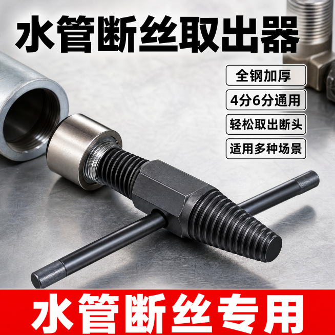 [主图-1] 水管断丝取出器产品首图，突出核心卖点全钢加厚4分6分通用。
[氛围风格] 拼多多风格，直白硬核，性价比感，专业五金工具风；
[画质] 商业摄影质感、光线明快通透、产品清晰真实、画面干净高预览效果