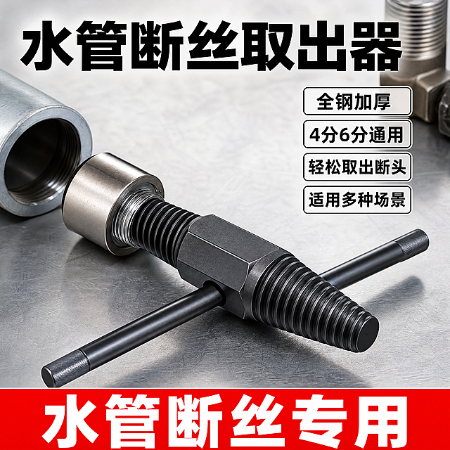 [主图-1] 水管断丝取出器产品首图，突出核心卖点全钢加厚4分6分通用。
[氛围风格] 拼多多风格，直白硬核，性价比感，专业五金工具风；
[画质] 商业摄影质感、光线明快通透、产品清晰真实、画面干净高级。
[元素] 取丝器产品在维修作业场景中放大展示，主体占比约70%，放置在浅灰色金属维修工作台面上。保持产品外观（物理结构、材质质感、颜色）与输入产品图绝对一致，杜绝任何变形和色差，精细化处理。左上角留出安全区域，画面信息密度饱满，满屏无边框。
[光影] 主光从左前方打来，边缘高光清晰勾勒产品轮廓，辅光补充暗部层次，背景干净不抢主体，高光不溢出，暗部有细节，无脏黑阴影。
[配色] 主色调浅灰金属色，突出产品黑银金属质感，大字用黑色重色对比清晰。
[视角构图] 平视四分之三角度，产品主体完整居中，景深适中，主体轮廓完整不裁切。
[文字版式] 顶部大标题大字："水管断丝取出器"，黑色粗体最大号无衬线字体；中心产品主体，右侧叠加四个卖点标签："全钢加厚"、"4分6分通用"、"轻松取出断头"、"适用多种场景"，每个卖点用小标签框排列；底部通栏卖点条放一句大字："水管断丝专用"，红色白色对比突出，文字清晰不遮挡产品。
[比例分辨率] 1:1比例，2048px * 2048px，4k分辨率，文字清晰可辨，超高清。
[负向提示词] 变形，水印，文字错乱，产品图模糊，背景杂乱，锈斑，油污，廉价感，玩具感