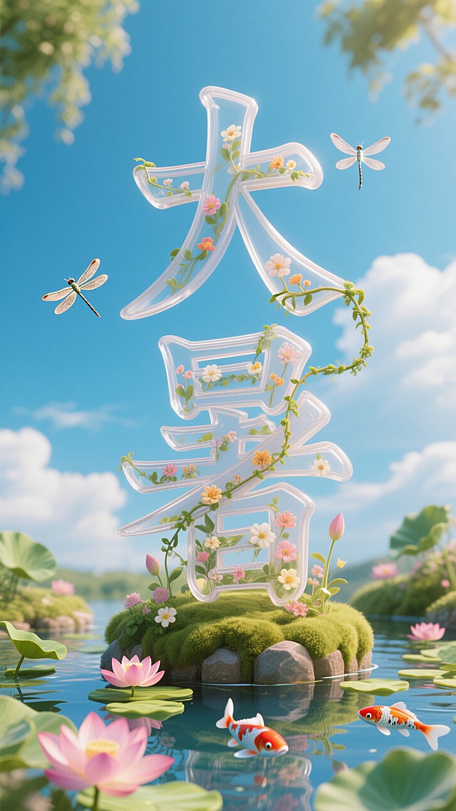 中央是字体设计“大暑”，立体透明大字，字体内部填充鲜花和少量藤蔓，蓝天白云背景，蜻蜓，底部是池塘和荷花、锦鲤，近景虚焦