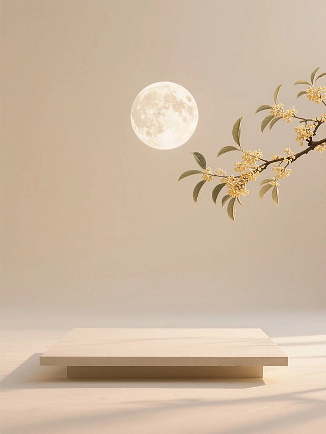 新中式美学，特写空场景图。背景为暖米色，一轮圆月，侧面点缀桂花树枝，地面有简约平台，淡雅诗意的氛围