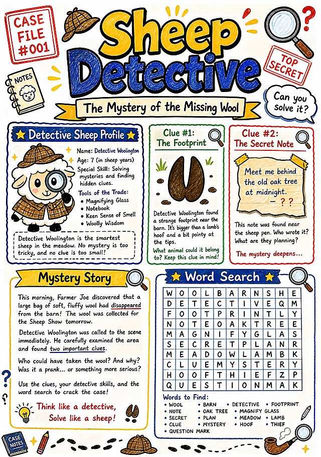 A hand-drawn marker-style English hand-copied newspaper (手抄报) with the theme "Sheep Detective". The overall style is colorful marker illustration, bold black outlines, vibrant colors, playful and childlike detective mystery atmosphere. A4 vertical layout (210x297mm), white paper background with subtle paper texture.

Layout structure:
- Top center: large main title "Sheep Detective" in bold marker-style font with detective hat decoration
- Below title: subtitle "The Mystery of the Missing Wool"
- Left top section: "Detective Sheep Profile" box with a cute sheep detective character wearing a magnifying glass and detective hat, short description text below
- Middle left: "Clue #1: The Footprint" section with a footprint illustration and short text
- Middle right: "Clue #2: The Secret Note" section with a note paper illustration and short text
- Bottom left: "Mystery Story" text box with a short detective story paragraph
- Bottom right: "Word Search" puzzle box with a grid of letters
- Decorative elements: "Case File #001" stamp, "Top Secret" label, "Can you solve it?" speech bubble, magnifying glass icons, question marks, detective-themed doodles scattered around

All text is in English. The style is authentic marker pen hand-drawn feel with visible marker strokes, slight color bleeding, hand-drawn irregular borders around each section. Color palette: warm yellows, deep blues, red accents, black outlines. Each content section is filled with complete, reasonable English text content - no blank boxes or empty placeholders. Layout is balanced and visually rich, suitable for a fun educational hand-copied newspaper.