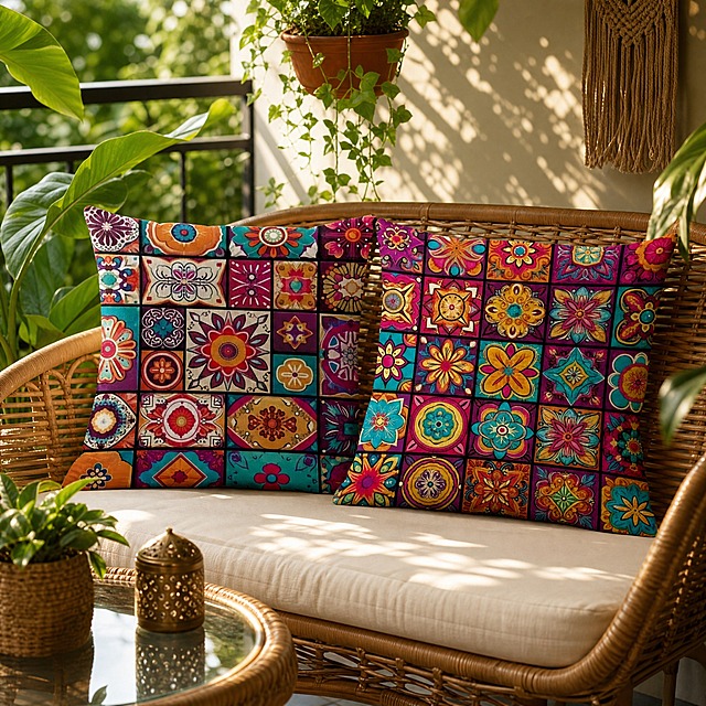 Two bohemian mandala cushion covers laid on rattan outdoor sofa, sun-dappled balcony patio, lush green houseplants, warm afternoon sunlight, relaxing garden atmosphere, realistic outdoor lifestyle shot, no text