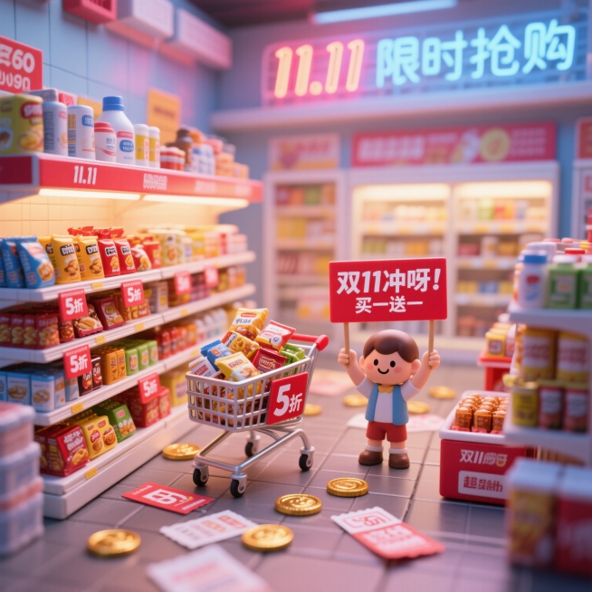 1:50微缩比例的双11超市场景，货架上摆满迷你包装的零食、日用品，价签全是红色“5折”“买一送一”标识，迷你购物车里堆着小山般的商品，旁边站着2cm高的卡通人偶举着“双11冲呀”牌子，地面散落迷你优预览效果