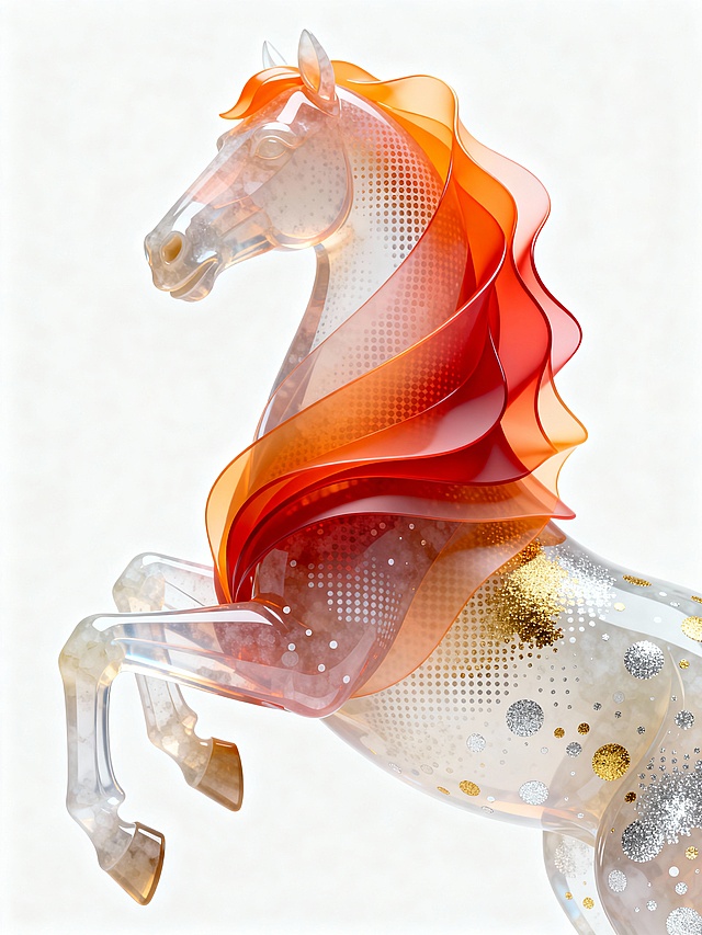 未来感与科技感交融的3D玻璃马，流光溢彩的液态鬃毛如梦幻般飘逸，清透质感中点缀金银粒子，优雅呈现虚拟现实之美。