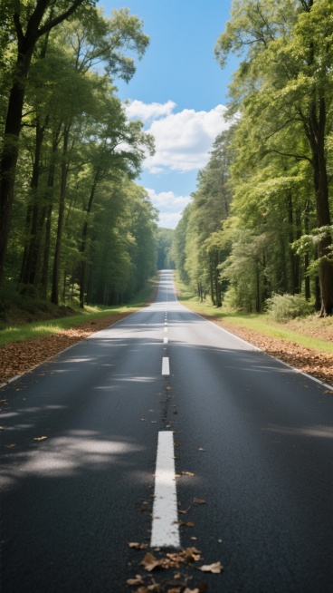 一条宽阔的柏油公路，路面有清晰的白色分道线，从画面底部中央笔直延伸向远方，消失在地平线处，营造出强烈的纵深感和透视感。公路两侧是茂密的森林环境，高大的树木郁郁葱葱，枝叶繁茂，阳光透过树叶的缝隙洒下斑驳的光影，地面覆盖着厚厚的落叶和青草，远处的天空湛蓝，飘着几朵洁白的云彩，整体画面呈现出写实的摄影风格，色彩鲜艳饱满，光影效果自然真实，营造出宁静而深远的氛围。预览效果
