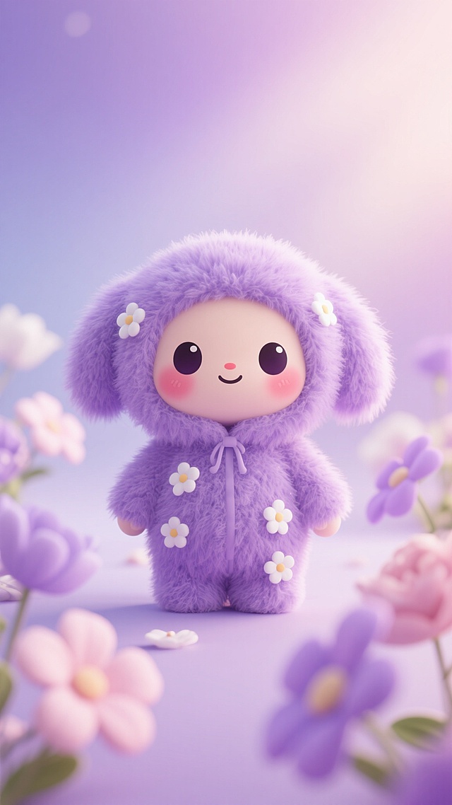 梦幻紫色渐变背景，柔和的浅紫到淡紫过渡，带有细腻的朦胧光晕效果，营造出温馨治愈的氛围。前景是穿着紫色毛绒连体装的可爱卡通角色，服装具有蓬松柔软的质感，点缀着白色小花装饰，角色表情呆萌，眼睛大而圆，脸颊泛着红晕。周围环绕着淡紫色和粉色的花朵，花瓣层次分明，背景虚化处理，突出主体。整体风格为3D渲染的卡通玩偶风格，光影柔和，色彩和谐统一，充满童趣和梦幻感。