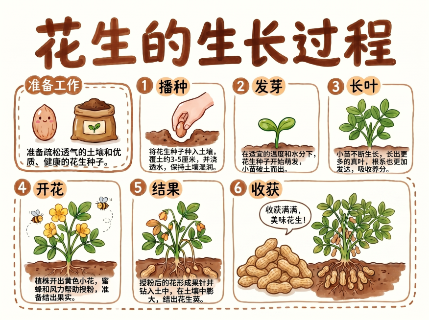 参考原图，在收获步骤中移除小孩形象，替换为展示整株花生植株，土壤中露出一颗一颗带壳完整的花生，保持原有马克笔手绘风格、整体排版布局、配色方案和所有文字说明不变，只修改最后一个步骤的画面内容预览效果