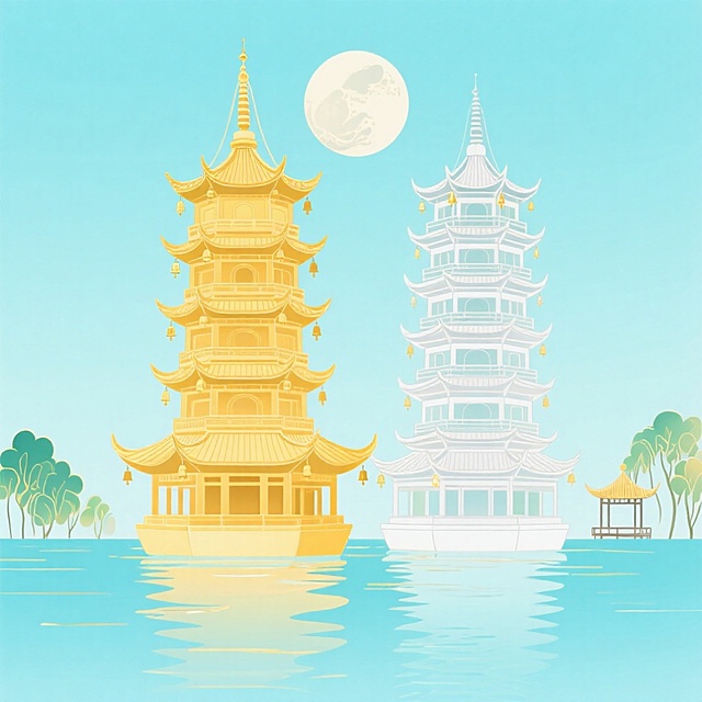 请为我生成出桂林市日月双塔的图像，要求线条简约采用粗线条勾勒出日月双塔的外形，风格为新国风插画