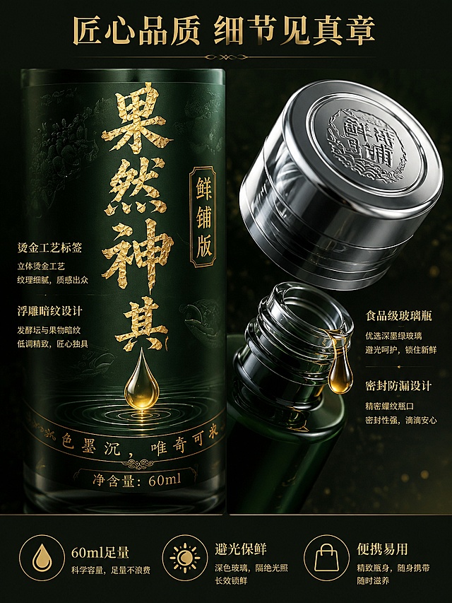 [第7屏] 详情页产品细节-瓶身材质与包装微距。本屏使用【图1】作为商品主体，将瓶身改为深墨绿色玻璃瓶，进行细节特写展示。
[氛围/风格] 高端产品微距摄影质感，精致细腻，突出品质感与工艺细节，低奢高级。
[元素布局] 画面采用左右分栏布局：左侧为瓶身烫金标签微距特写，聚焦'果然神其'四个金色书法字的纹理细节，烫金工艺有凹凸质感，标签边缘有精致暗纹（发酵坛与果物图案隐约可见），标签下方金色水滴图案晶莹剔透；右侧为瓶盖与瓶口细节特写，银色金属瓶盖有镜面反射效果，瓶盖顶部有品牌浮雕，瓶口精密螺纹清晰可见，旁边有一滴琥珀色液体悬于瓶口欲落未落。背景为深墨绿色渐变，点缀细微金色颗粒。
[光影质感] 侧上方柔光打亮标签烫金纹理，金色部分有强烈金属光泽与高光；玻璃瓶身有通透的墨绿色反光；液体滴有高光边缘；整体明暗对比适中，细节清晰，质感强烈。
[配色色系] 全局底色深墨绿#0f2010渐变；主色深墨绿+烫金#d4a017；辅助色银色瓶盖、琥珀色液体。
[视角构图] 左右分栏微距特写，左侧标签正面，右侧瓶盖45°角；阅读动线从左标签→右瓶盖→底部说明。景深极浅，焦点集中在细节部位。
[文字版式] 版式为顶部标题+左右分栏各配说明文字+底部品质承诺。顶部主标题「匠心品质 细节见真章」金色宋体；左侧标签旁标注「烫金工艺标签」「浮雕暗纹设计」；右侧瓶盖旁标注「食品级玻璃瓶」「密封防漏设计」；底部三个品质图标+文字「60ml足量」「避光保鲜」「便携易用」。文字不遮挡产品细节主体。
[比例分辨率] 3:4竖版比例，4K分辨率，文字清晰可辨，高清画质。
[负向提示词] 瓶身变形，缺件错件，颜色偏差，水印，文字错乱，产品图模糊，塑料质感，标签文字错误。
