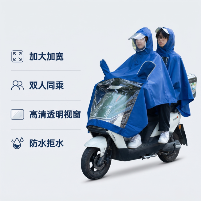 [主图 2] 核心卖点展示：双人雨披大空间卖点图。
[氛围风格] 专业电商实拍风格，清晰直观。
[画质] 商业摄影质感、光线柔和通透、产品清晰真实、画面干净高级，保持雨披蓝色面料、结构颜色与原图一致，预览效果