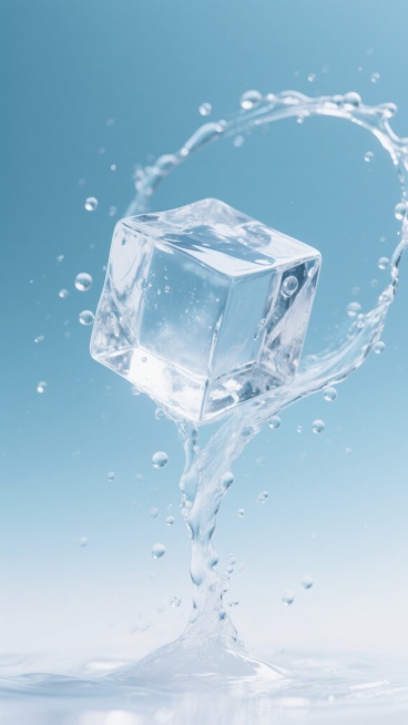 透明冰块从底部向上飞溅，周围环绕着细小的水珠，背景为渐变的浅蓝色到白色，呈现出清凉、通透的视觉效果，冰块具有棱角分明的几何形状和晶莹剔透的质感，水珠在空中形成动态的弧线，整体画面充满动感与清爽氛围。预览效果