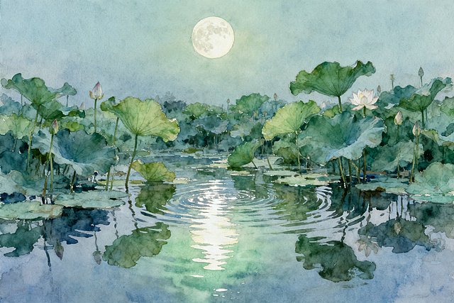 月夜荷塘，满月下的荷塘，银绿色水面倒影，色调主义湿画法风格