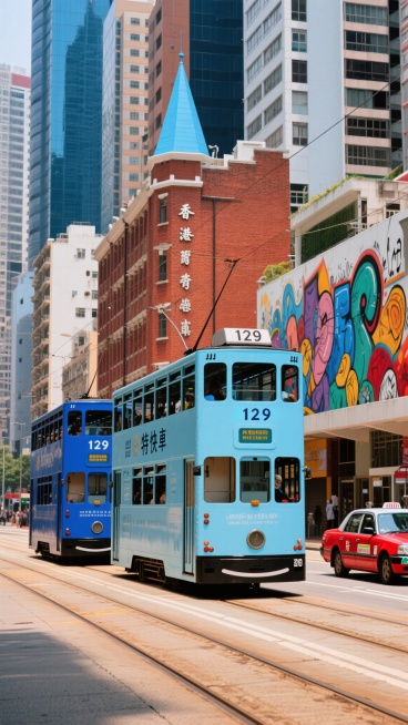 一张展现香港城市街景的照片，画面中两辆双层叮叮车正行驶在轨道上，一辆为蓝色，另一辆为浅蓝色，车身上有数字“129”和“特快車”字样。背景是鳞次栉比的高楼大厦，其中一栋红砖建筑尤为显眼，顶部有一个蓝色的尖顶塔楼，墙面上有竖排的中文字。右侧建筑外墙上有色彩鲜艳的涂鸦艺术，街道上还有红色的出租车驶过，整体呈现出浓郁的港式都市风情，色彩饱和度高，光影效果自然，展现出繁华热闹的城市氛围。预览效果