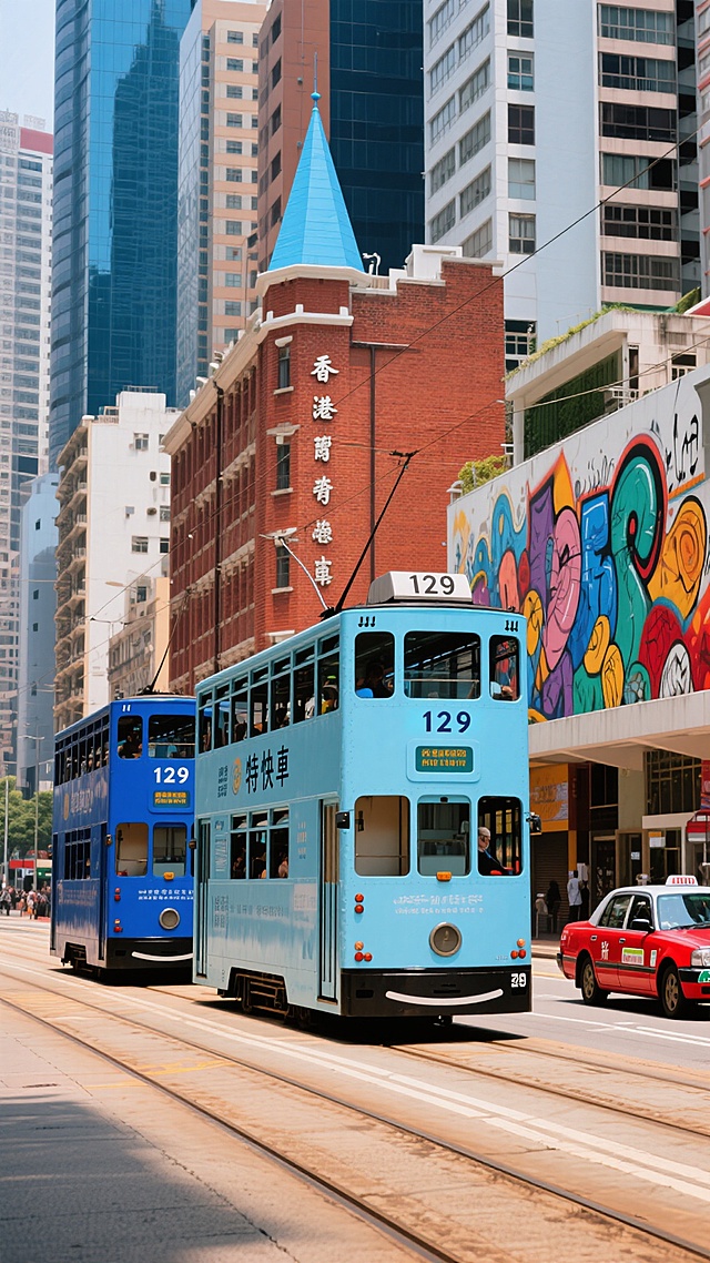 一张展现香港城市街景的照片，画面中两辆双层叮叮车正行驶在轨道上，一辆为蓝色，另一辆为浅蓝色，车身上有数字“129”和“特快車”字样。背景是鳞次栉比的高楼大厦，其中一栋红砖建筑尤为显眼，顶部有一个蓝色的尖顶塔楼，墙面上有竖排的中文字。右侧建筑外墙上有色彩鲜艳的涂鸦艺术，街道上还有红色的出租车驶过，整体呈现出浓郁的港式都市风情，色彩饱和度高，光影效果自然，展现出繁华热闹的城市氛围。