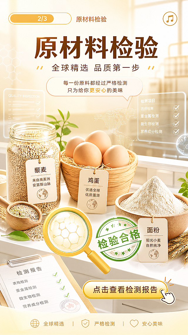 H5互动第三页，设计原材料检验互动环节，画面展示全球精选的藜麦、鸡蛋、面粉等原材料摆放在干净的检验台上，有放大镜图标和检验合格贴纸，提示点击查看检测报告，左上角进度条显示2/3，风格保持暖黄明亮年轻化，和首页设计统一