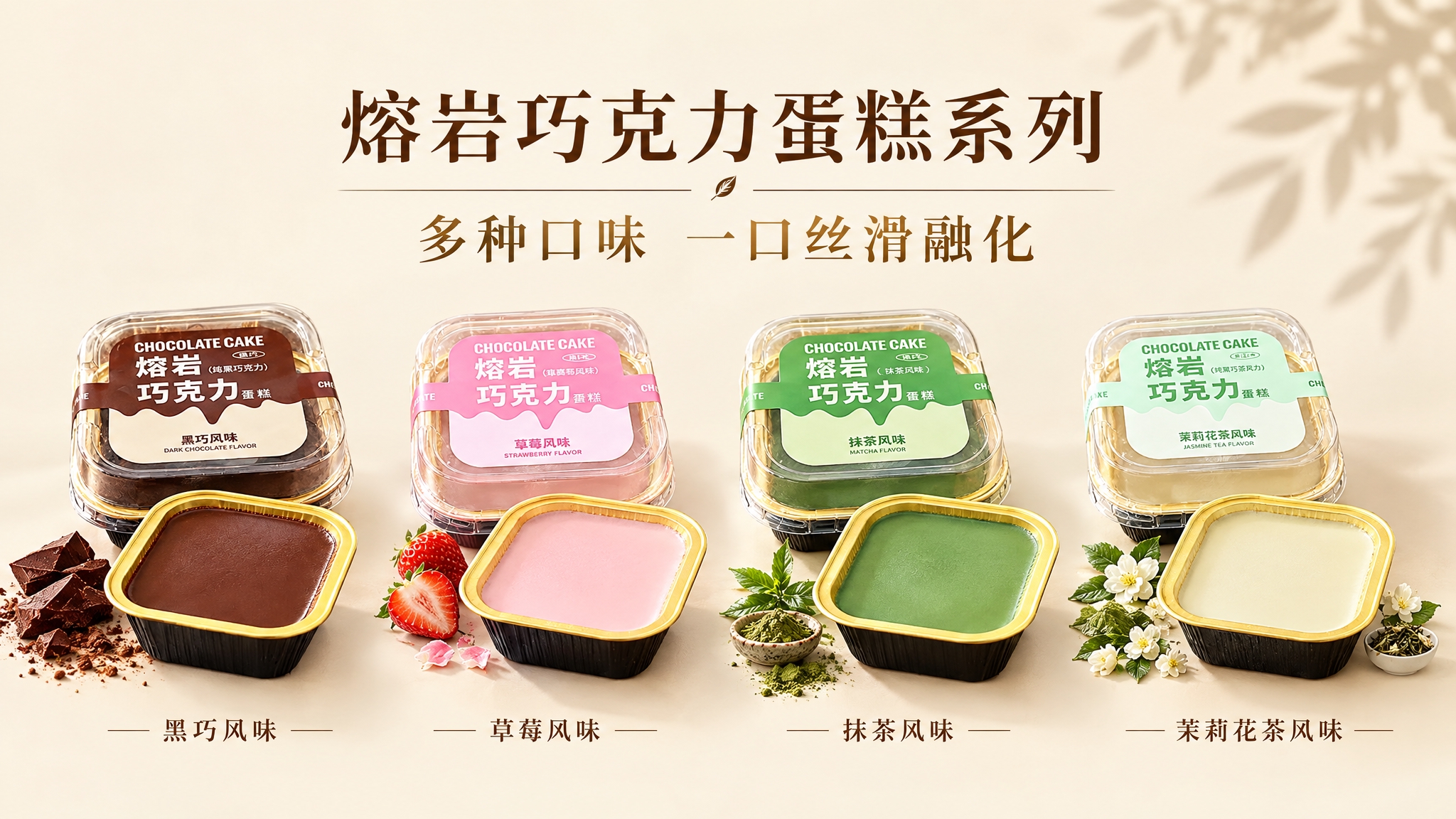 参考第五张图的PPT版式风格，将前四张图中的四款熔岩巧克力蛋糕… - 图片创意预览
