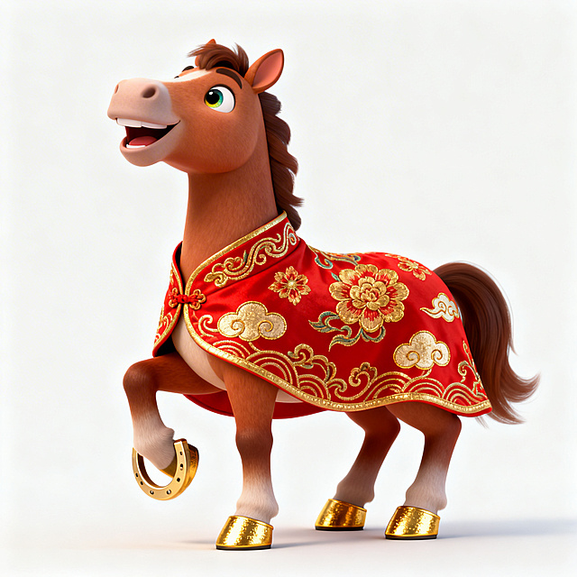 3D拟人马身披刺绣红袍，鎏金鞋履闪耀，喜庆卡通风，尽显新春吉祥氛围。