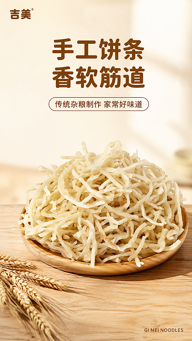 「图片1」，生成一套详情页（5张），商品名称是吉美饼条，适配淘宝/天猫平台，详情页比例为9:16