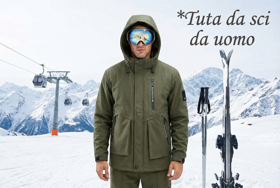 利落型意大利男士站在阿尔卑斯山雪道起点，身着**Tuta da sci da uomo**，军绿色套装的con cappuccio（连帽设计）与滑雪板、雪山背景呼应；背景是防风镜+缆车，色调冷白明亮。预览效果