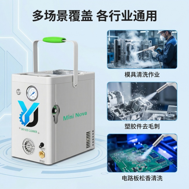 [主图4]干冰清洗机多场景应用展示。科技风浅淡蓝色背景，左侧放置完整干冰清洗机产品，外观和原图一致，右侧排列三个小图，分别展示模具清洗作业、塑胶件去毛刺、电路板松香清洗的应用场景，三个小图光影风格统一预览效果