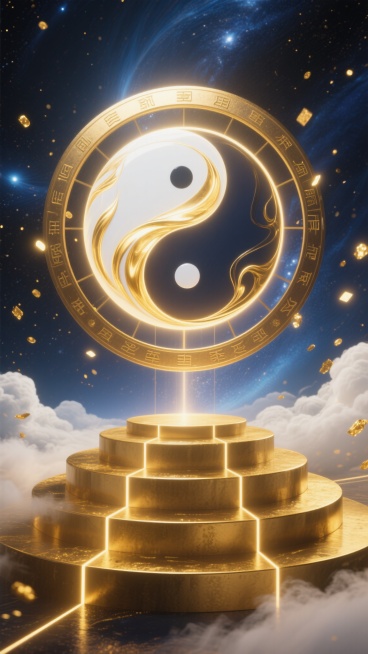 金色与深蓝交织的神秘宇宙背景，中央悬浮着巨大的八卦图案，阴阳鱼轮廓清晰，内部有流动的金色与白色光晕，八卦边缘环绕着古老的符文。下方是多层金色圆形台阶，台阶上有发光的线条向上延伸，连接至八卦中心。周围飘散着金色的光点和白色的云雾，整体呈现出3D渲染的超现实主义风格，光影效果强烈，高光和阴影对比鲜明，营造出神圣、神秘且充满能量的氛围，画面具有强烈的视觉冲击力和层次感。预览效果