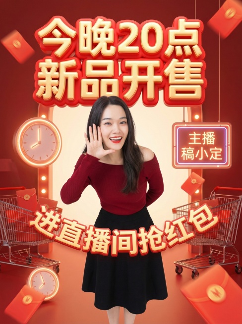 画面中心是半身模特身穿裙子对着镜头开心打招呼，保留画面人物不变；3D充气膨胀文字“今晚20点 新品开售”位于画面上方，3D文字“进直播间抢红包”悬浮环绕在人像周围，背景以红色为主色调，搭配时钟、购物车预览效果