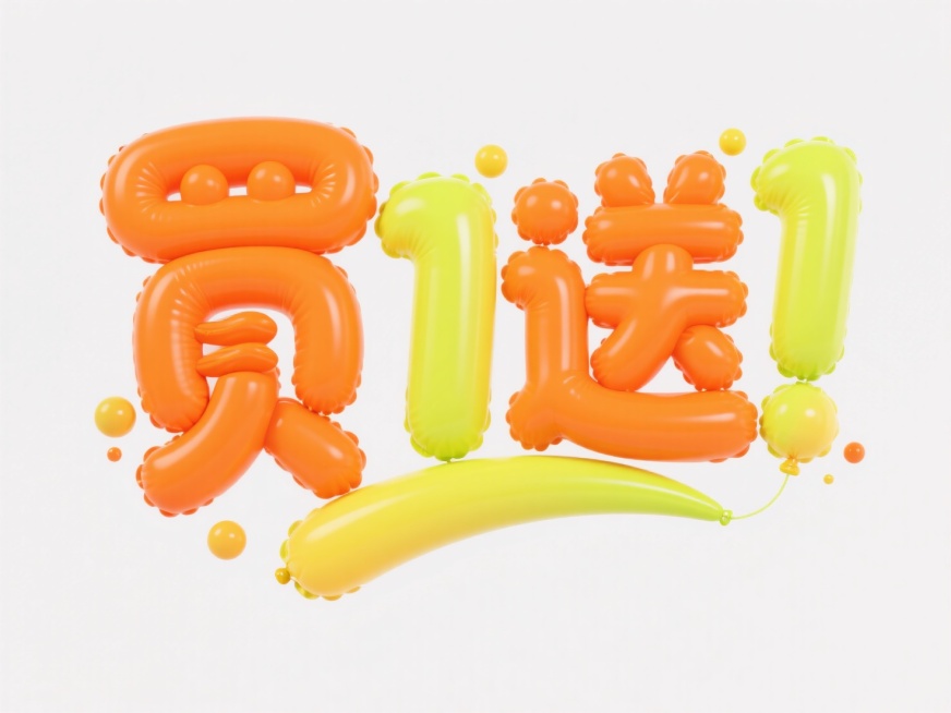 3D充气字体设计“買1送1”字样，亮橙色 + 荧光黄渐变，表面带细腻光泽（类似原图立体字的胶质反光），字体膨胀饱满，白色背景预览效果